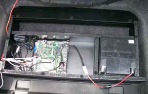 The ALIX 1 is mounted in a custom subframe inside the boot of the RX-8 along with a USB hub, charger and battery