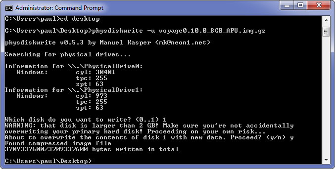 Create a bootable USB drive - Windows physdiskwrite finished